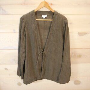Pure J Jill 100% Linen Cardigan Women's M Crinkle Gauzy Tie Front Olive Green